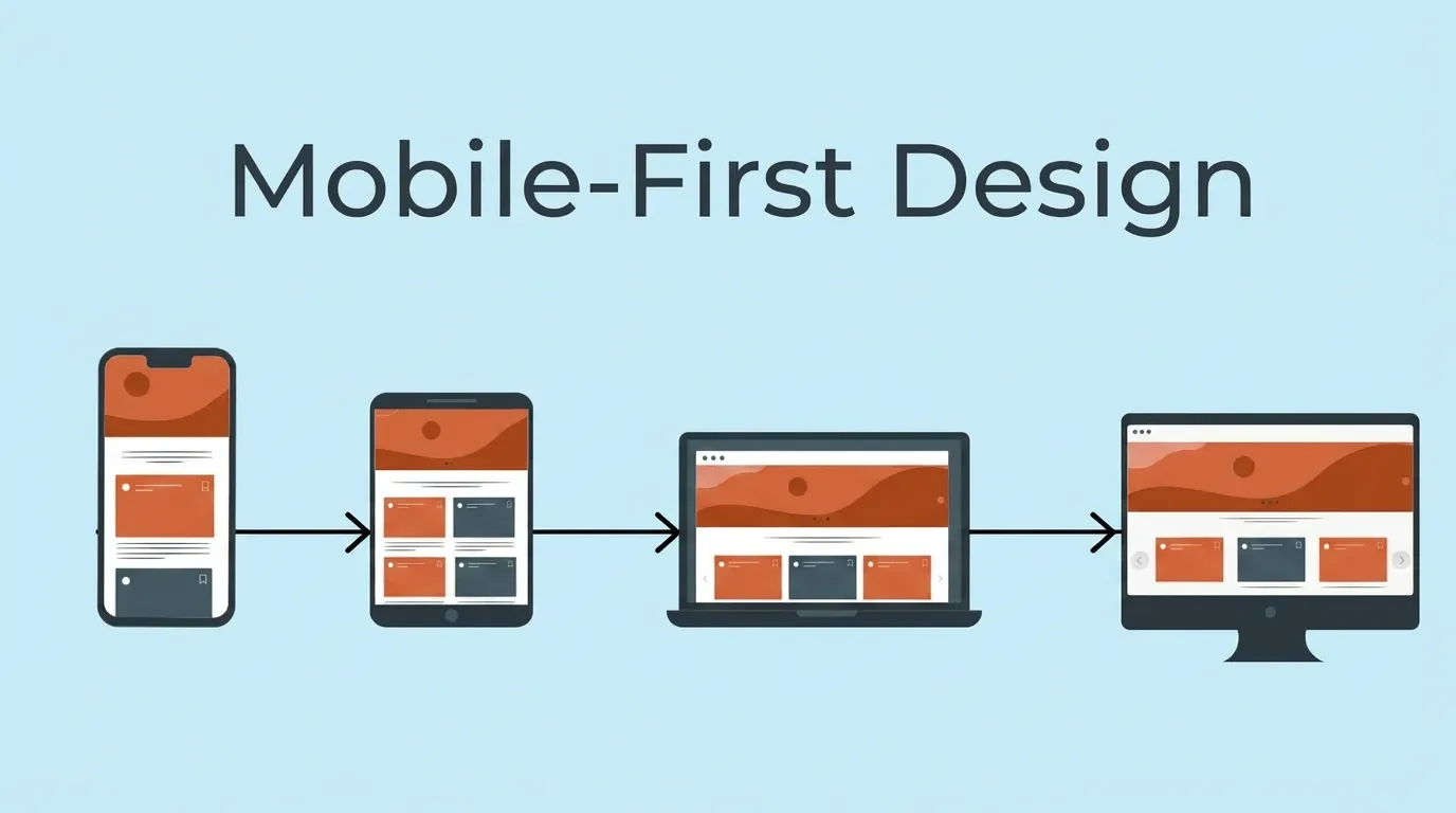 Mobile-first design showing responsive layout progression from phone to tablet to desktop