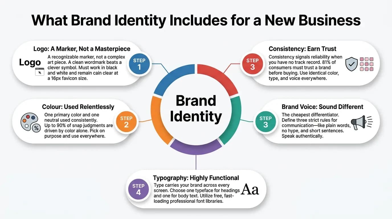 Complete brand identity guide for a startup showing company name, logo construction, brand guidelines, typography and colour scheme