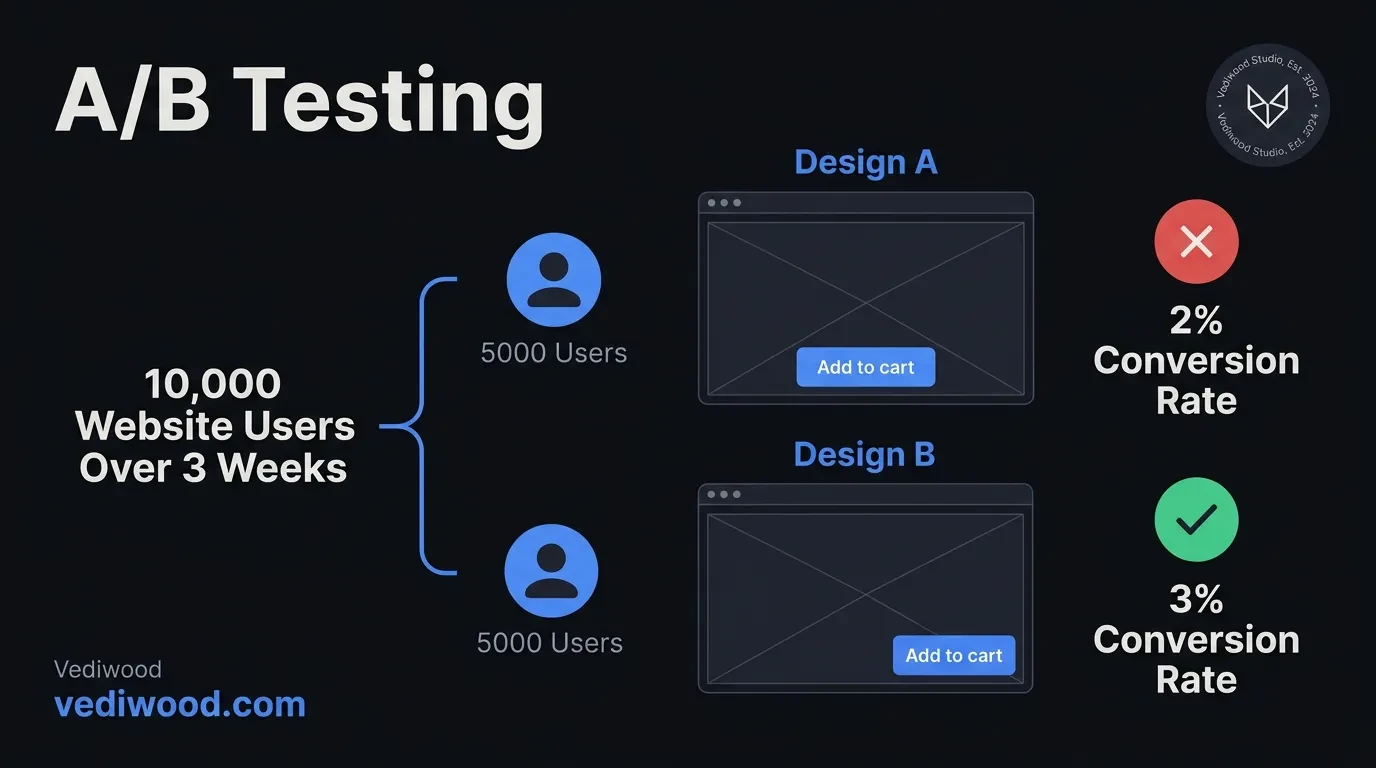 Infographic guide showing what to test first on a small business website, including headline, CTA, form, social proof, and hero image elements