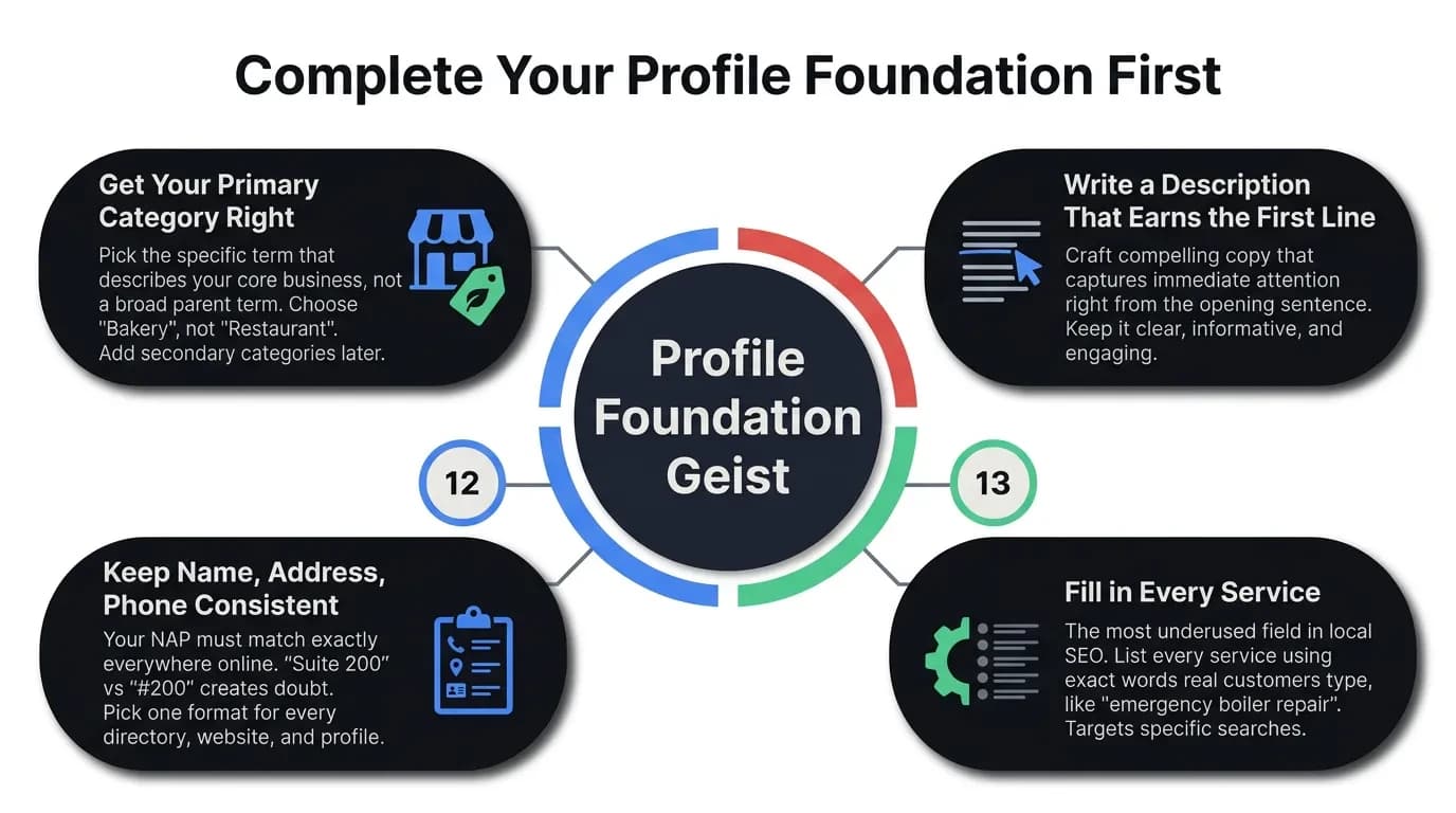 Infographic showing the key optimisation areas of a Google Business Profile: business category, photos, reviews, Google Posts, and questions and answers