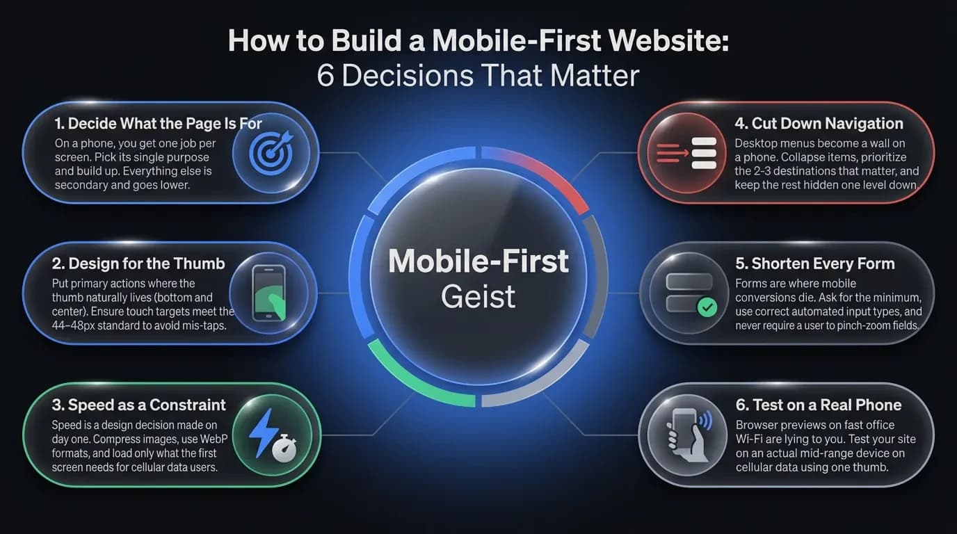 Infographic comparing mobile-friendly, responsive, and mobile-first website design: what each approach means, how it is built, and which one is designed to convert mobile visitors