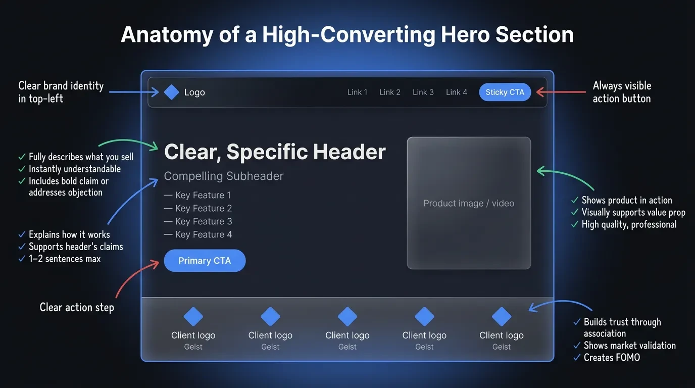 Annotated wireframe diagram of a high-converting hero section with seven labelled elements: logo, sticky CTA, header, subheader, primary CTA, product image, and client trust logos
