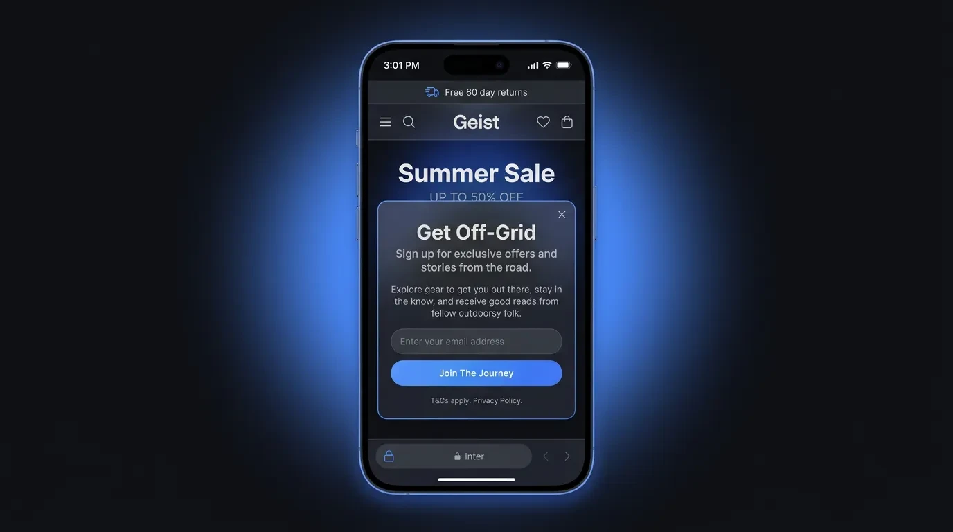 Mobile website mockup inside a smartphone frame showing a hero section with a prominent email opt-in modal overlay and a clear call-to-action button