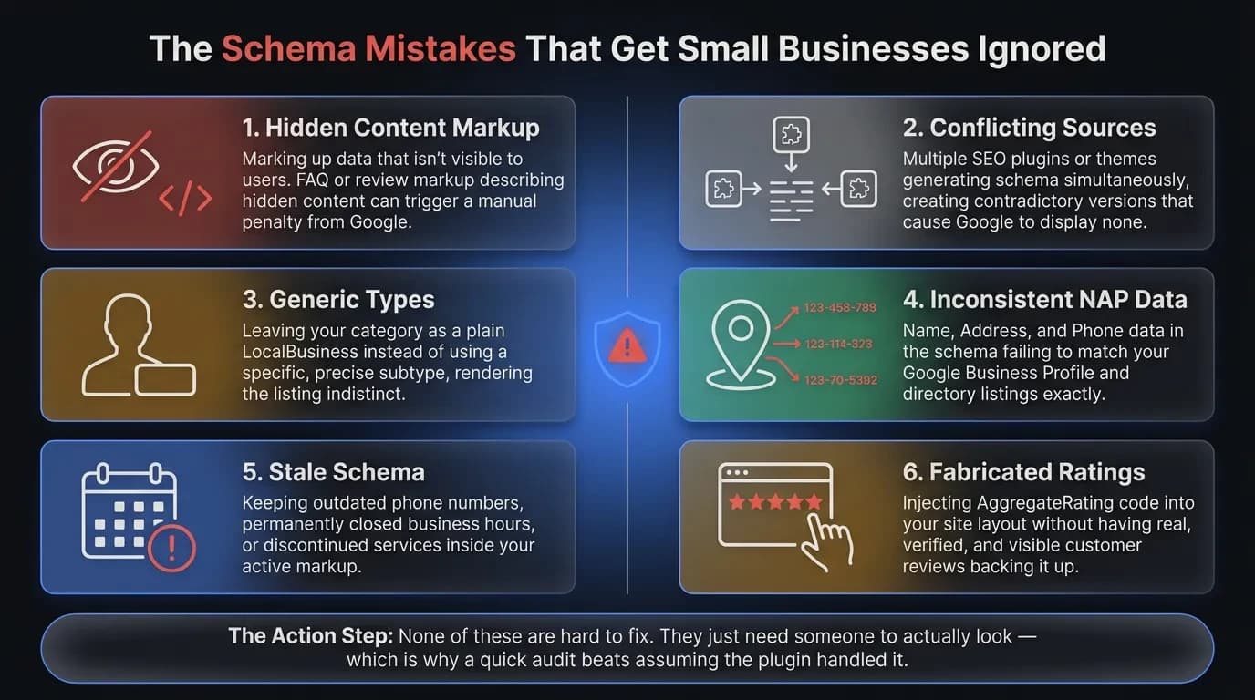 Infographic listing six common schema markup mistakes for small businesses: hidden content markup, conflicting sources, generic types, inconsistent NAP data, stale schema, and fabricated ratings