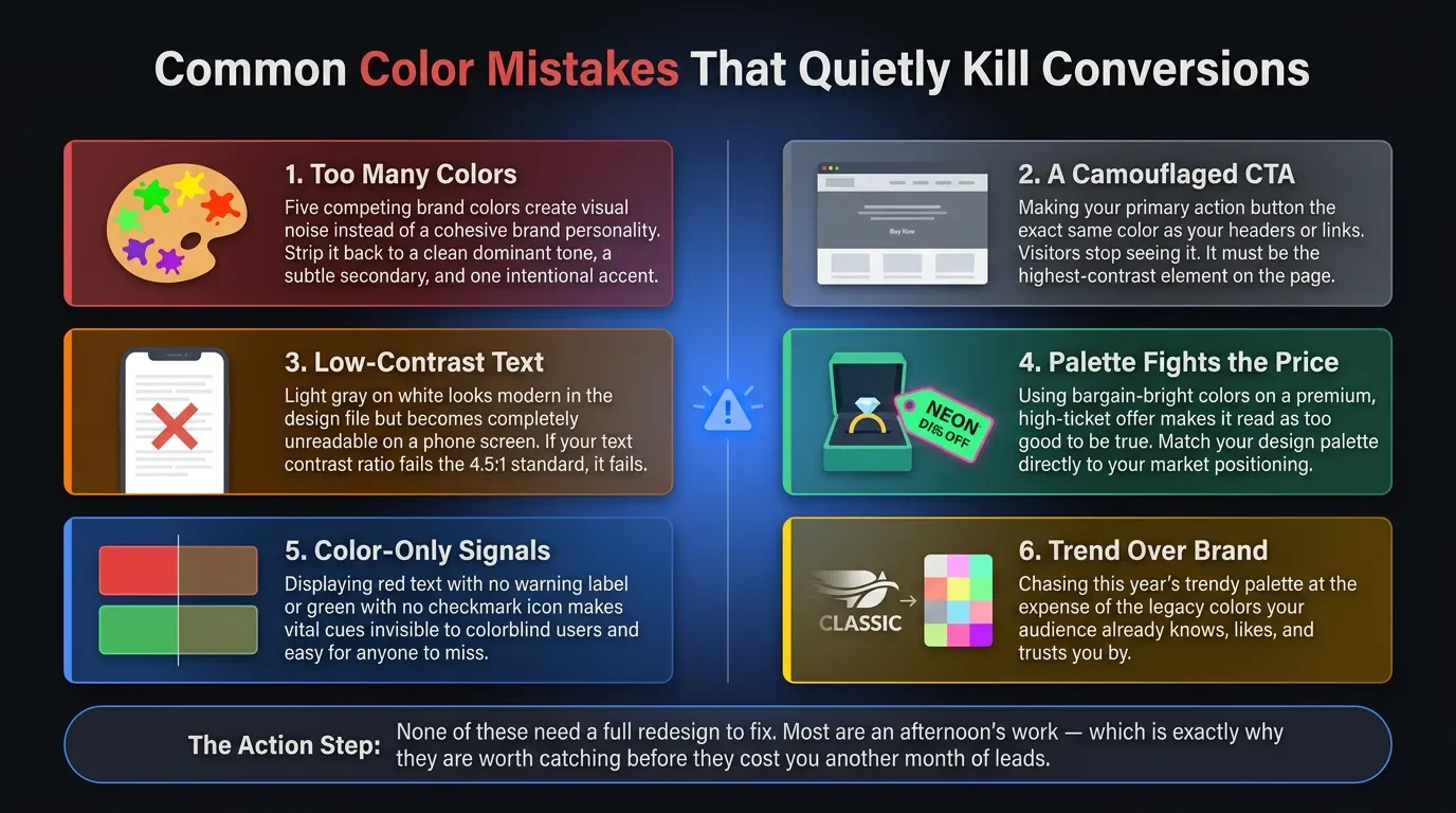 Infographic listing six common website color mistakes that quietly kill conversions: too many competing colors, a camouflaged CTA, low-contrast text, a palette that fights the price, color-only signals with no labels, and chasing trends over brand consistency