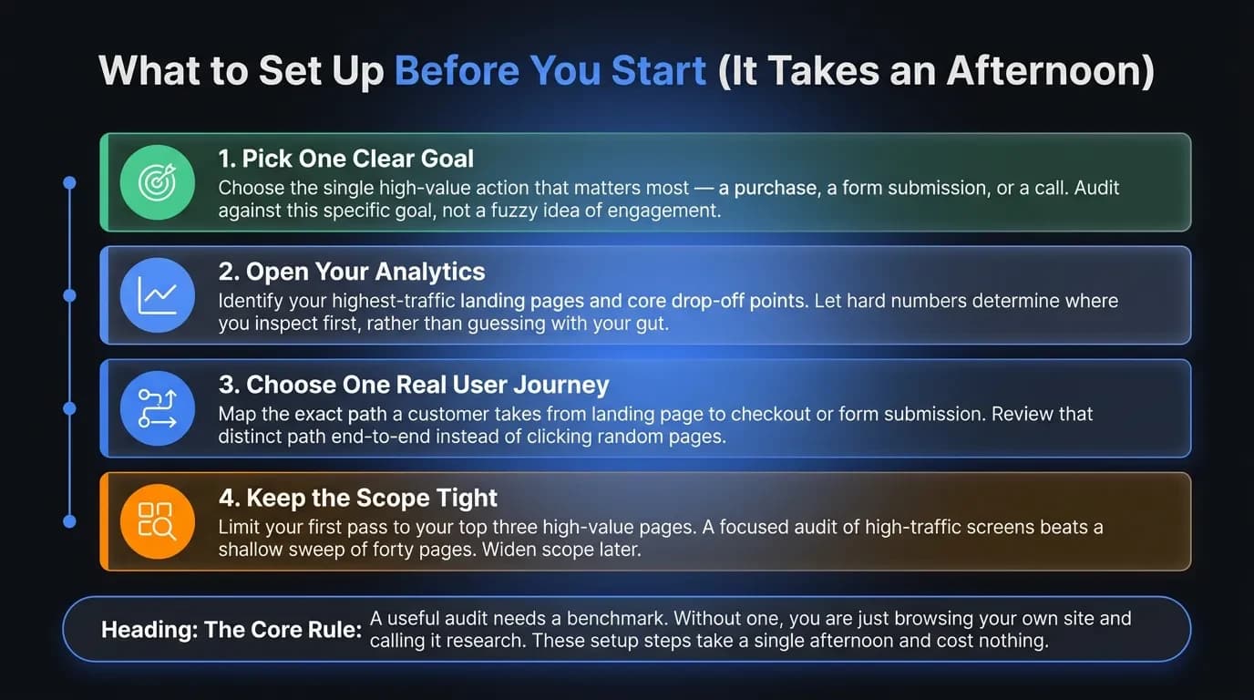 Infographic outlining four steps to prepare for a UX audit: pick one clear goal, open your analytics to find drop-off points, choose one real user journey, and keep the scope tight to your top three highest-traffic pages