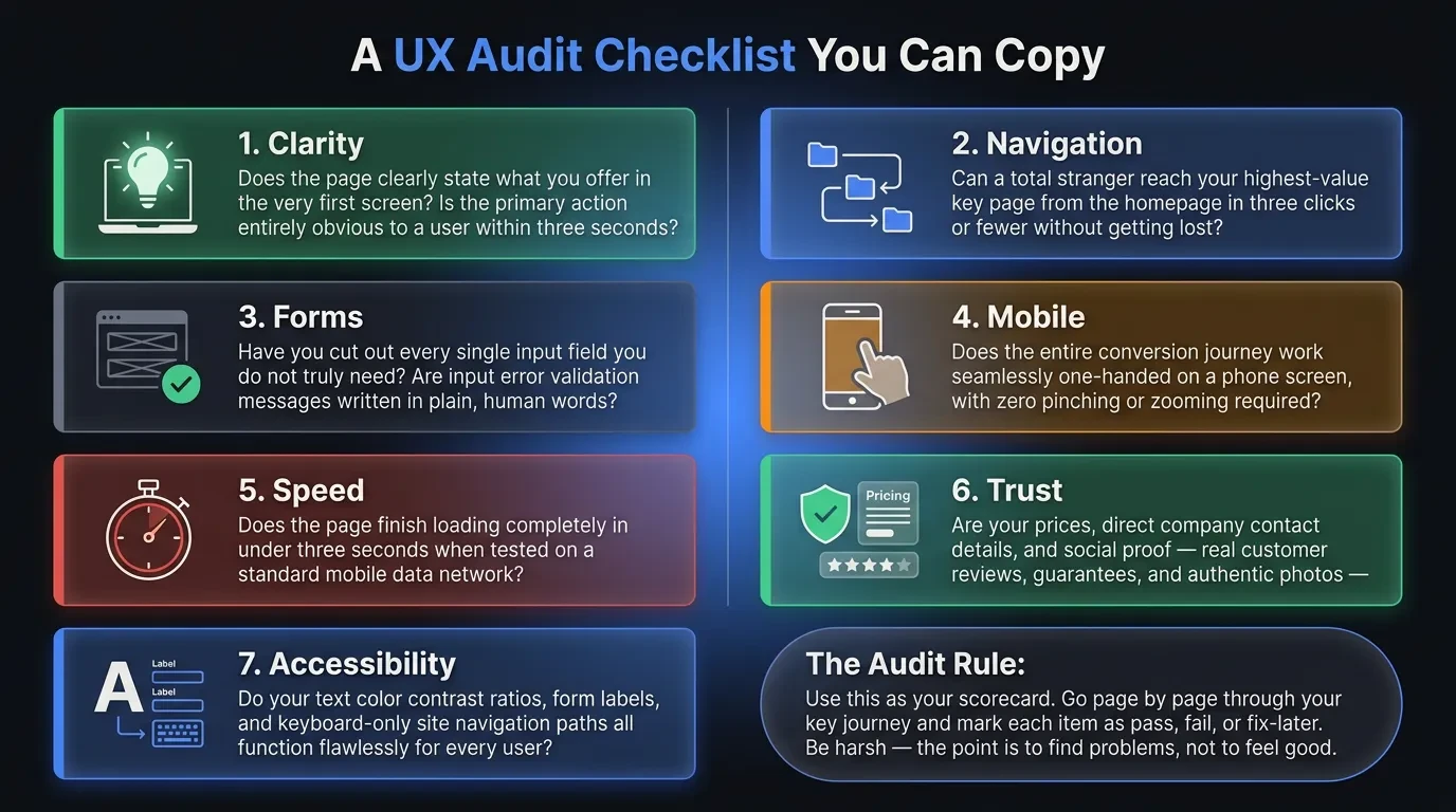 UX audit checklist infographic with seven categories in a grid: Clarity, Navigation, Forms, Mobile, Speed, Trust, and Accessibility, each with a short pass-or-fail question and an audit rule at the bottom